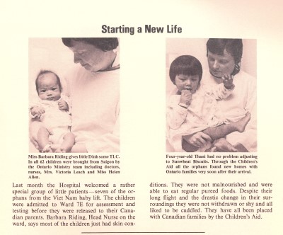 Historical newsletter showing Vietnamese orphans from 1970s airlift receiving care at SickKids before adoption by Canadian families.